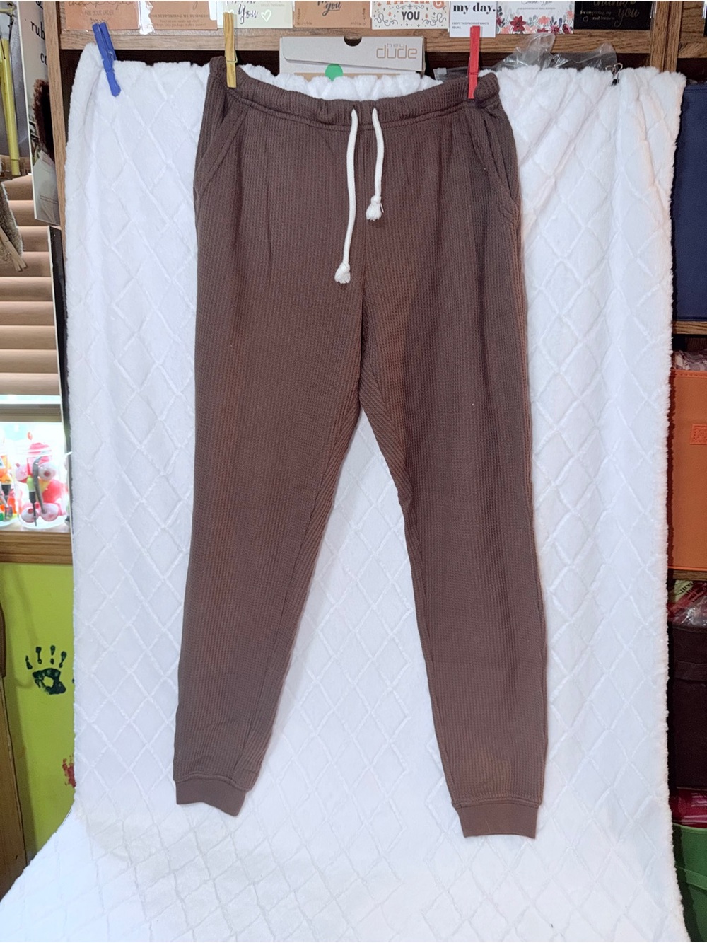 aerie Brown Waffle-Knit Jogger Pants with White Drawstring